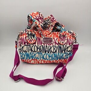 Marc by Marc Jacobs Quilted Logo‎ Print Bucket Bag Purple Pink Blue Cream